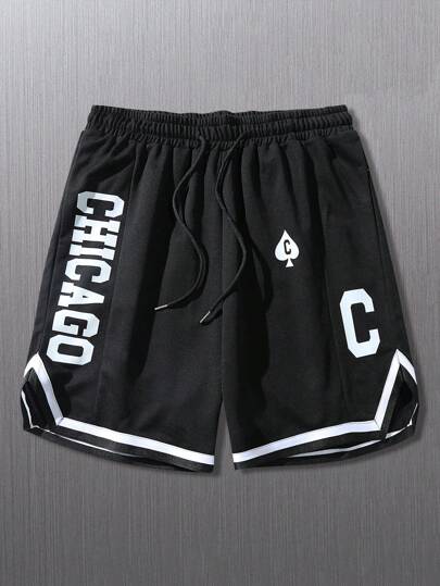 Guys Letter Graphic Contrast Tape Drawstring Waist Shorts
