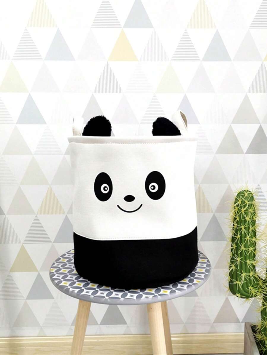 1入組卡通熊貓設計洗衣籃卡通動物設計可折疊臥室洗衣籃 - 黑與白 - 查看 1