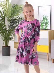 Tween Girl Floral Print Scallop Trim Dress - Purple - View 1