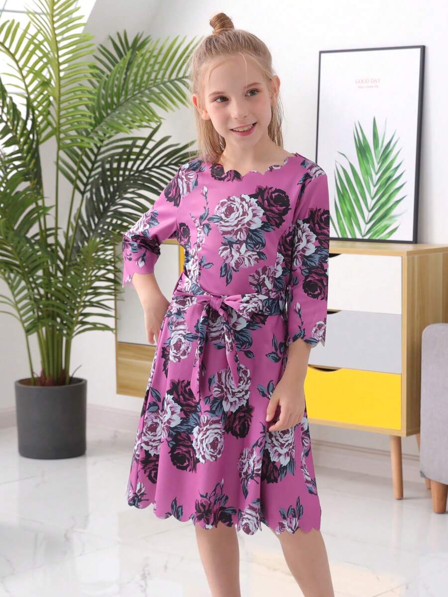 Tween Girl Floral Print Scallop Trim Dress - Purple - View 1