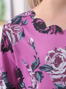 Tween Girl Floral Print Scallop Trim Dress - Purple - View 4