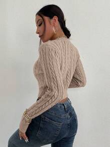 EMERY ROSE Cable Knit Crop Jumper - Mocha Brown - View 2