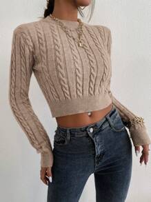 EMERY ROSE Cable Knit Crop Jumper - Mocha Brown - View 5