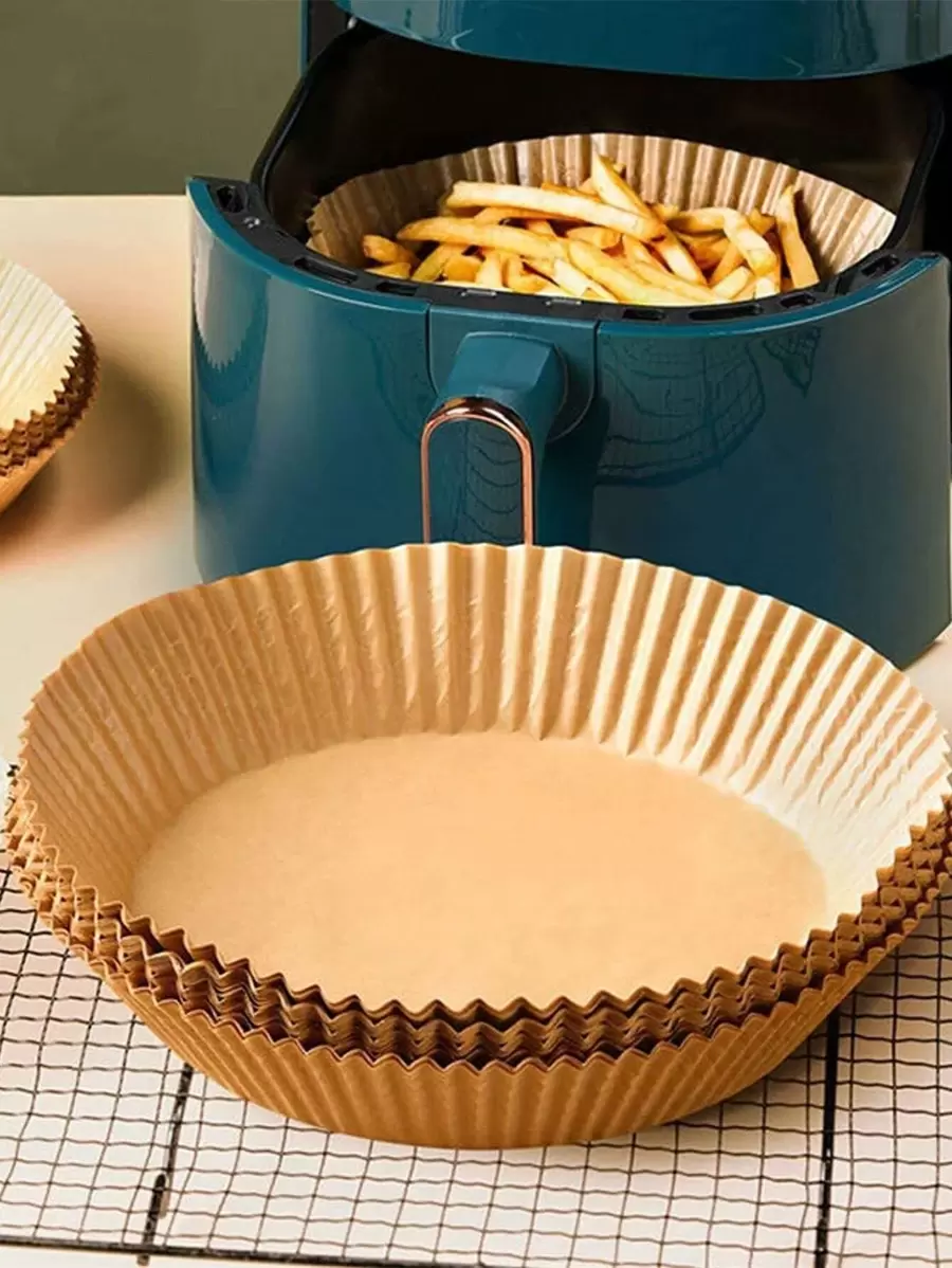 50入組炸氣鍋用紙盤，簡約圓形一次性油紙，適用於烘焙空氣炸鍋廚房、內襯烤盤油紙、炸氣鍋用紙、氣炸鍋 - 棕色 - 查看 1