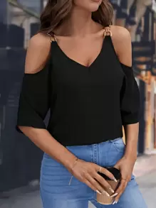 SHEIN LUNE Cold Shoulder Chain Detail Blouse - Black - View 1