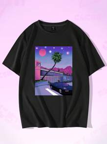 ROMWE MEN Anime Guys Cartoon Graphic Tee - Black - View 1