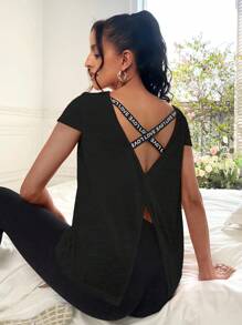 Easithlete 字母織帶後背十字交叉運動T恤 - 黑色 - 查看 1