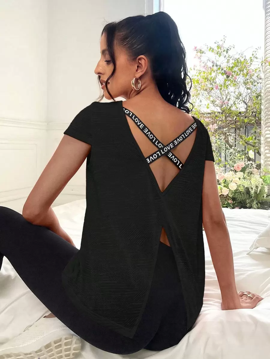 Easithlete 字母織帶後背十字交叉運動T恤 - 黑色 - 查看 1