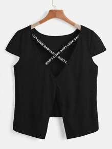 Easithlete 字母織帶後背十字交叉運動T恤 - 黑色 - 查看 4