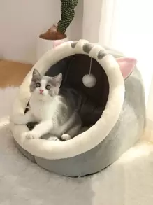 1入組貓耳裝飾半封閉式寵物床供貓狗睡覺 - 灰色 - 查看 1