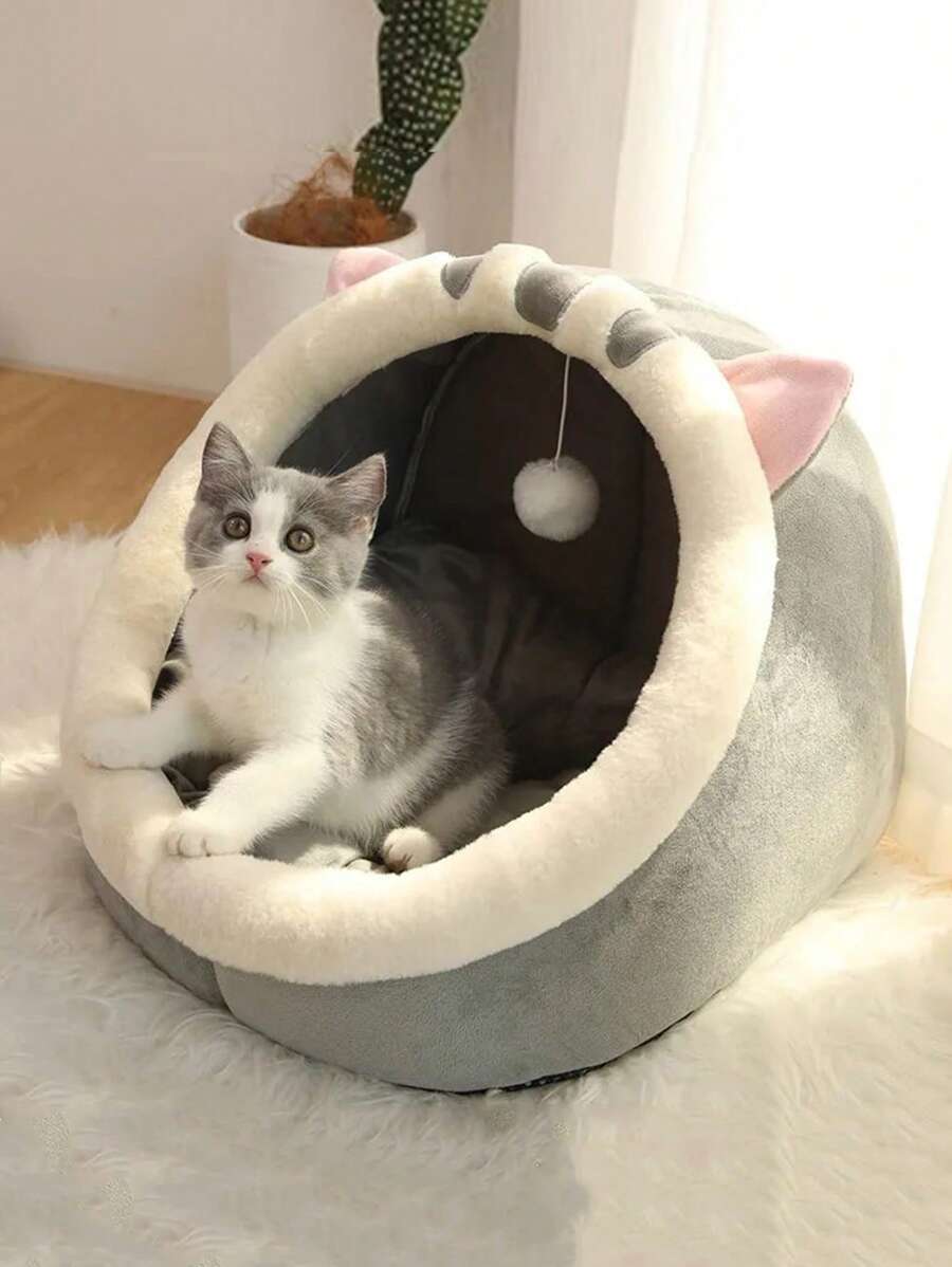 1入組貓耳裝飾半封閉式寵物床供貓狗睡覺 - 灰色 - 查看 1