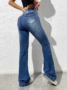 SHEIN EZwear Moustache Effect Flare Leg Jeans - Dark Wash - View 1