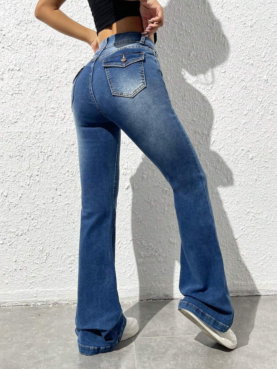 SHEIN EZwear Moustache Effect Flare Leg Jeans - Dark Wash - View 1