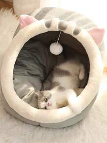 1入組貓耳裝飾半封閉式寵物床供貓狗睡覺 - 灰色 - 查看 2