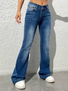 SHEIN EZwear Moustache Effect Flare Leg Jeans - Dark Wash - View 3