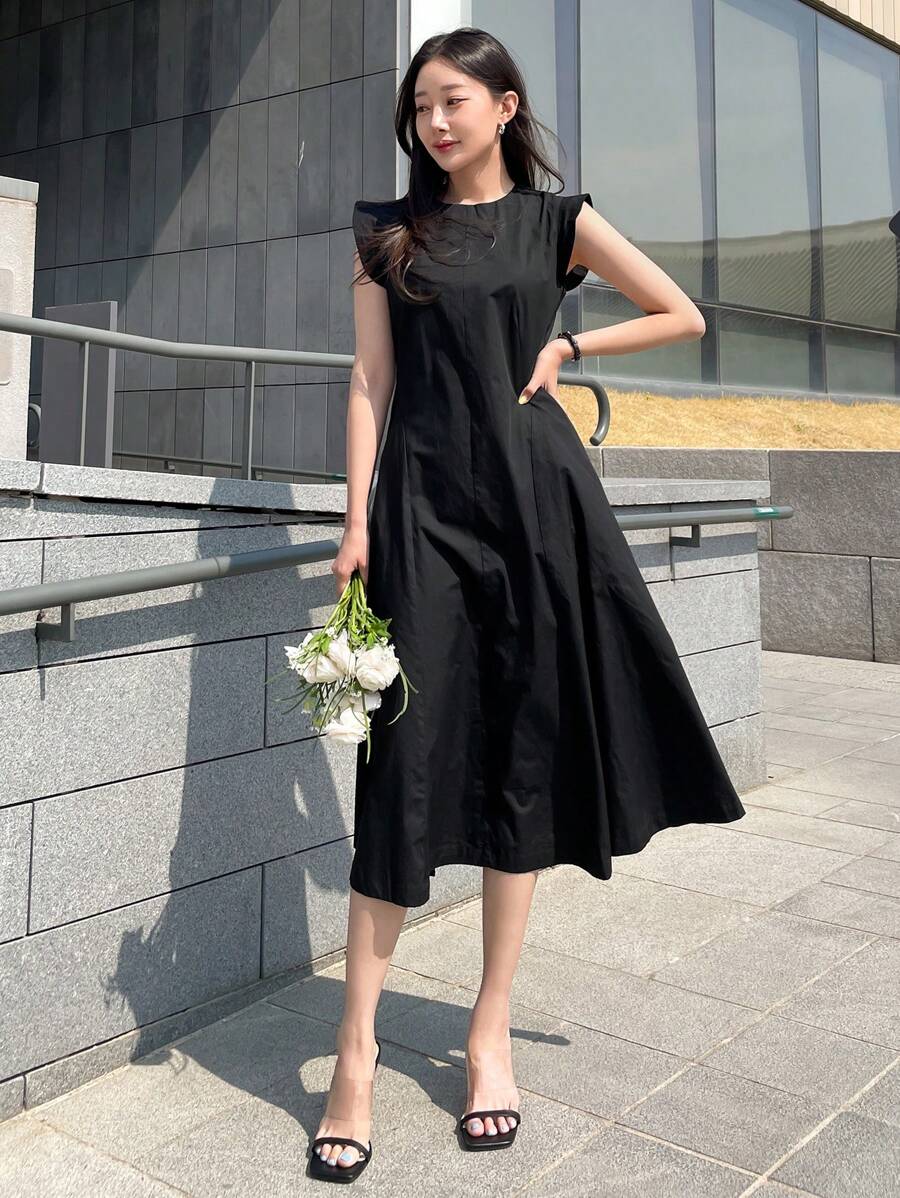 DAZY Chất rắn Vòng cổ Váy chữ A - màu đen - Xem 1