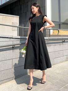 DAZY Chất rắn Vòng cổ Váy chữ A - màu đen - Xem 2