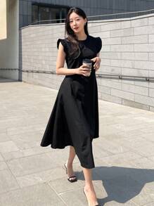 DAZY Chất rắn Vòng cổ Váy chữ A - màu đen - Xem 5