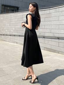 DAZY Chất rắn Vòng cổ Váy chữ A - màu đen - Xem 8
