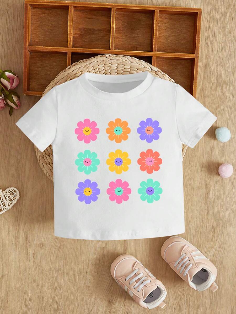 SHEIN Leap Crew Baby Girl Casual Comfortable Short Sleeve Letter Print T-Shirt Suitable For Spring And Summer - White - View 1