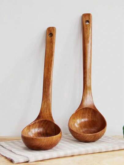 1pc Wooden Long Handle Soup Spoon, Boho Wooden Pattern Ladle For Kitchen