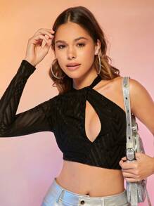 SHEIN BAE Áo thun nữ Bất đối xứng Lộ Lưng Cắt ra Ren lên màu trơn Gợi cảm - màu đen - Xem 2