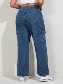 RueChic Plus Flap Pocket Side Cargo Jeans - Medium Wash - View 2