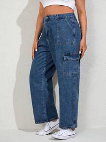 RueChic Plus Flap Pocket Side Cargo Jeans - Medium Wash - View 3