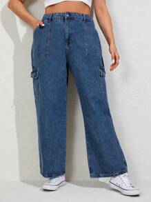 RueChic Plus Flap Pocket Side Cargo Jeans - Medium Wash - View 4