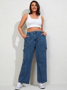 RueChic Plus Flap Pocket Side Cargo Jeans - Medium Wash - View 5