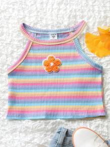 SHEIN Leap Crew 小女童條紋印花花卉圖案貼布細節掛脖上衣 - 彩色 - 查看 1