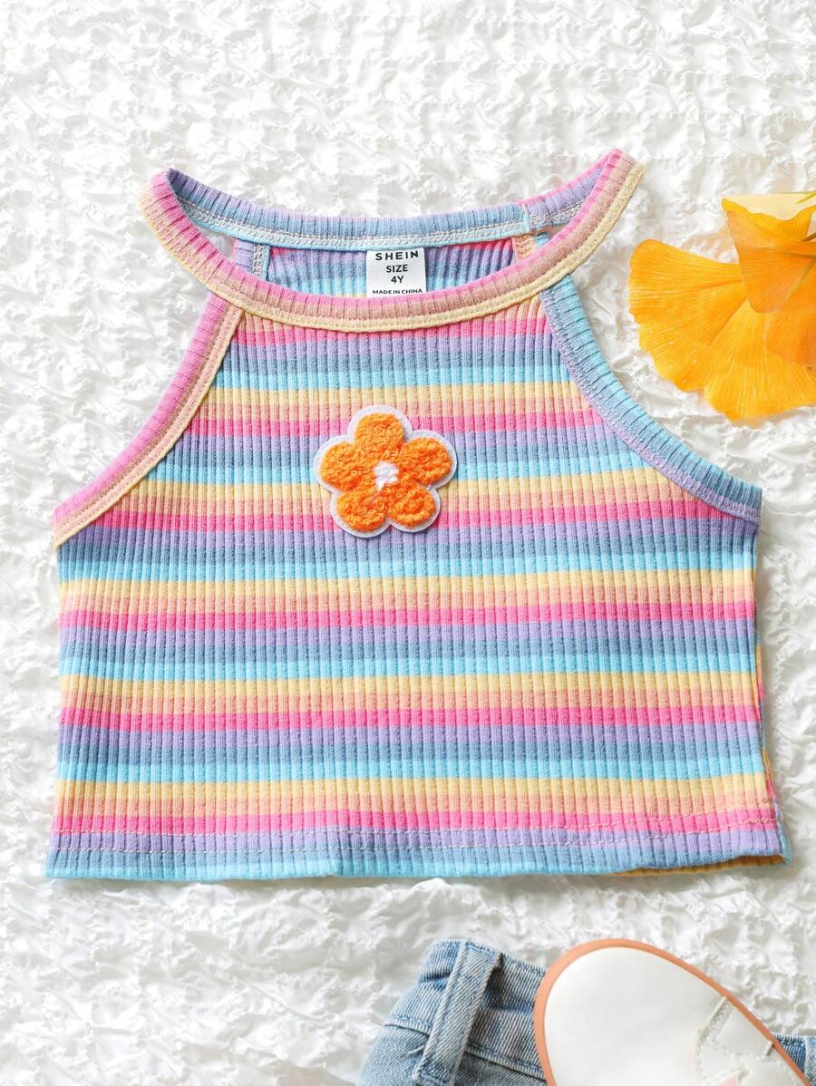 SHEIN Leap Crew 小女童條紋印花花卉圖案貼布細節掛脖上衣 - 彩色 - 查看 1