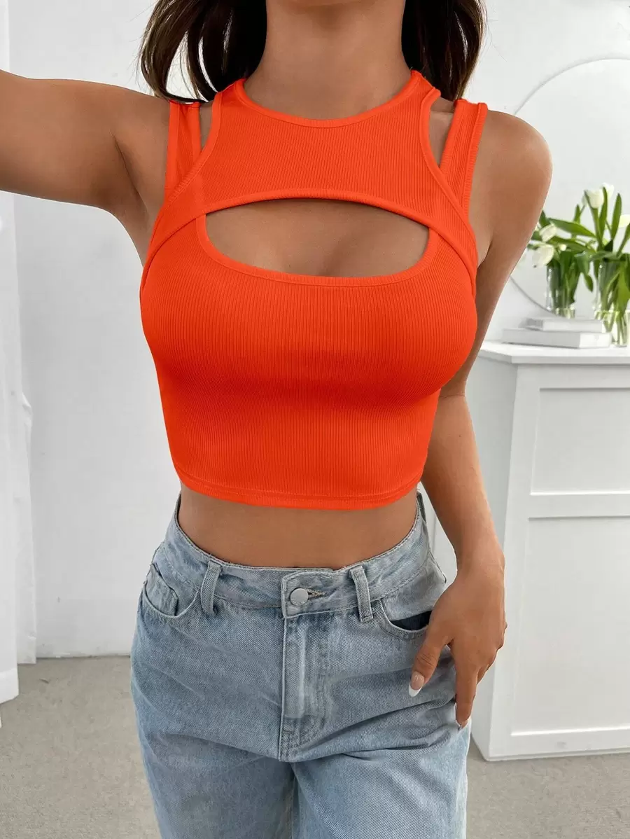 SHEIN EZwear Áo khoác và áo lót dành cho xe tăng nữ Cắt ra Gân đan màu trơn Gợi cảm - Màu Cam cháy - Xem 1