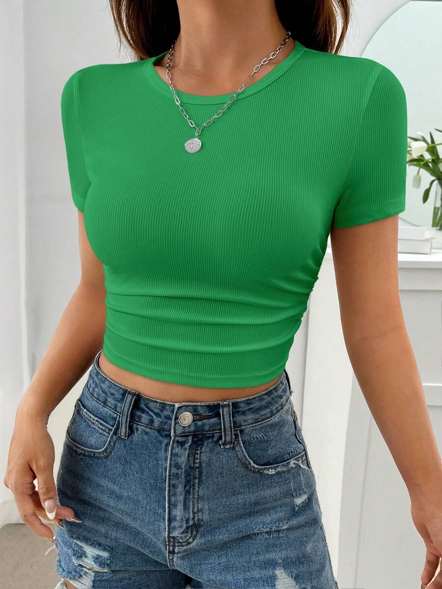 SHEIN EZwear Áo thun nữ Gân đan màu trơn Giải trí - màu xanh lá - Xem 1