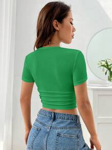 SHEIN EZwear Áo thun nữ Gân đan màu trơn Giải trí - màu xanh lá - Xem 2
