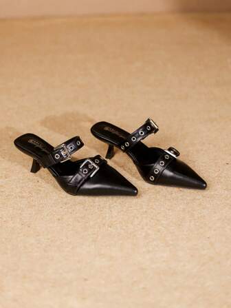 时尚双扣尖头穆勒鞋，女士黑色高跟鞋，春秋季百搭套脚鞋，优雅，女士高跟鞋，优雅