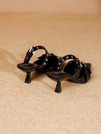 Fashion Double Buckle Pointed Toe Mule Heels For Women, Black High Heels Spring/Autumn Versatile Slip-On Shoes, Elegant, Women Pumps, Elegant