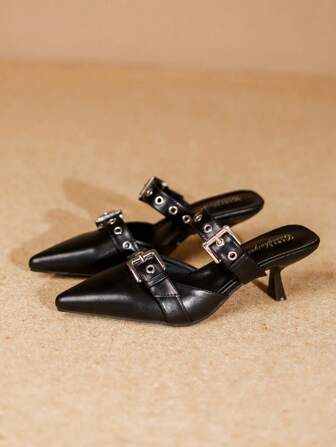 Moderiktiga dubbla spännen med spetsiga tåklackar för kvinnor, svarta höga klackar vår/höst mångsidiga slip-on skor, eleganta, dampumps, eleganta