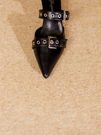 Moderiktiga dubbla spännen med spetsiga tåklackar för kvinnor, svarta höga klackar vår/höst mångsidiga slip-on skor, eleganta, dampumps, eleganta