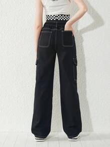 SHEIN 青少年女孩頂針側翻蓋口袋工裝牛仔褲 - 黑色 - 查看 2