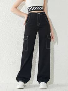SHEIN 青少年女孩頂針側翻蓋口袋工裝牛仔褲 - 黑色 - 查看 3