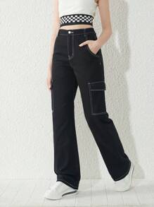 SHEIN 青少年女孩頂針側翻蓋口袋工裝牛仔褲 - 黑色 - 查看 5
