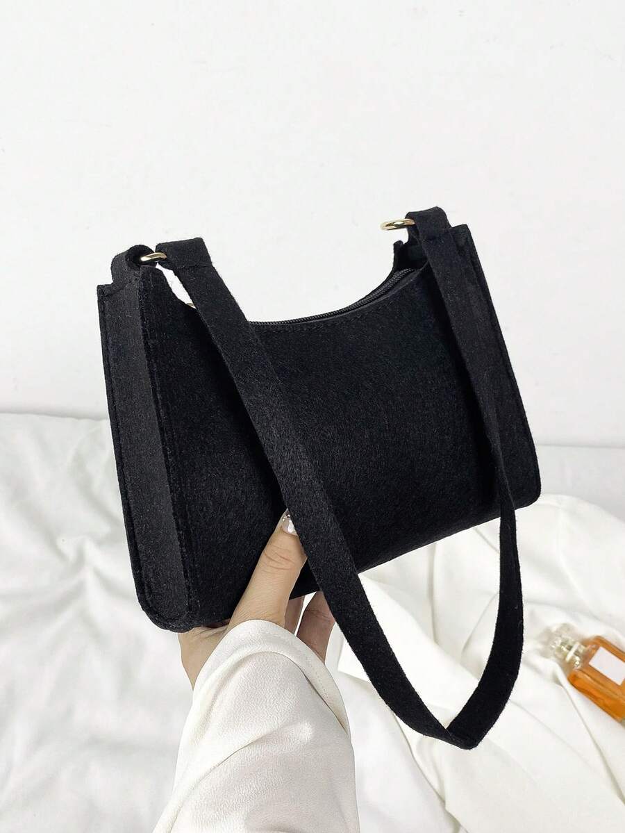Small Shoulder Bag Solid Black Felt - Black - View 1