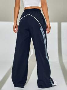 SHEIN EZwear 撞色工裝褲 滾邊寬褲 - 藏蓝色 - 查看 3