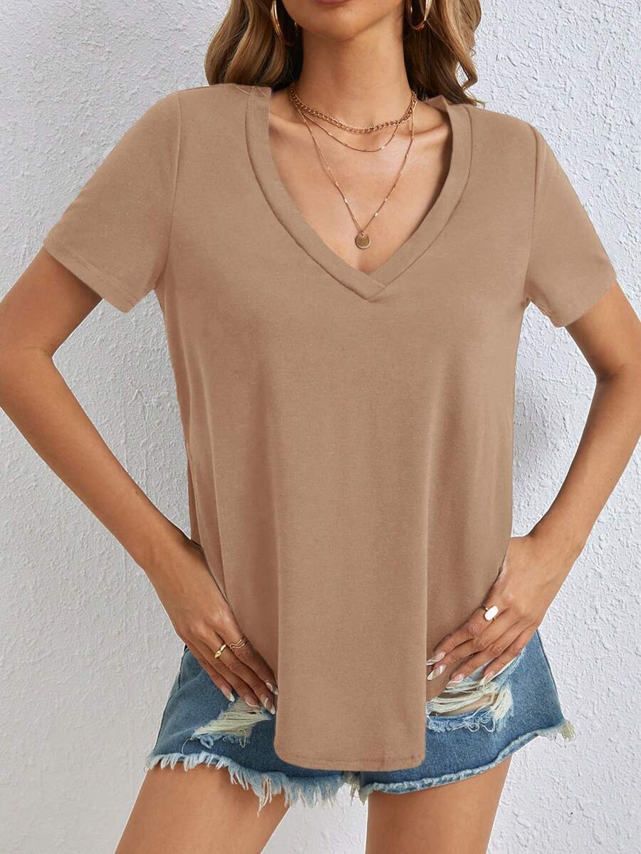 SHEIN Tall Solid V Neck Tee - Khaki - View 1