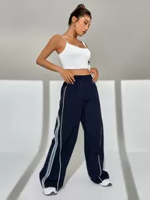 SHEIN EZwear 撞色工裝褲 滾邊寬褲 - 藏蓝色 - 查看 5