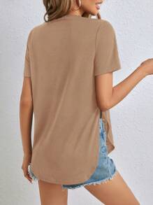 SHEIN Tall Solid V Neck Tee - Khaki - View 2