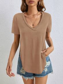 SHEIN Tall Solid V Neck Tee - Khaki - View 3
