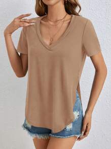SHEIN Tall Solid V Neck Tee - Khaki - View 4