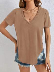 SHEIN Tall Solid V Neck Tee - Khaki - View 5